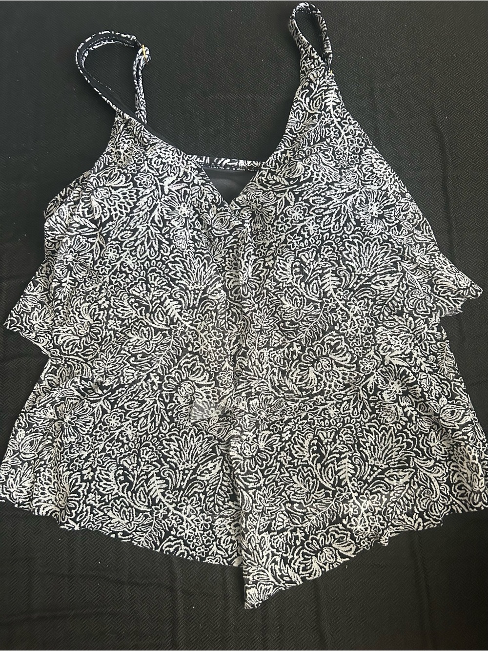 Floral Ruffle Swim Coverup Tank - Black & White